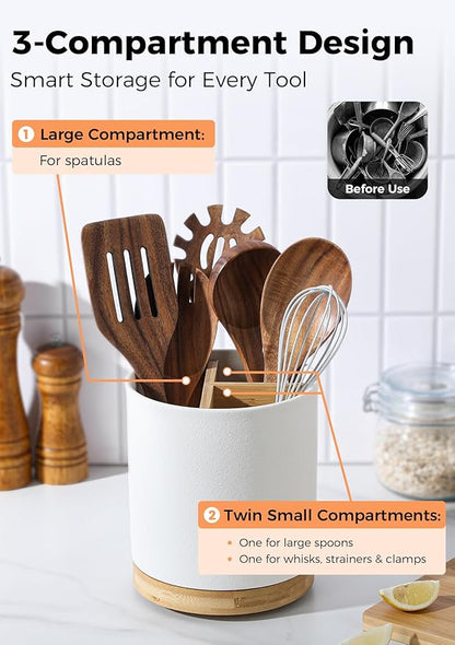 LoeJan 3 Compartment Utensil Holder, Extra Large Utensil Crock, Stable Ceramic Utensil Organizer, Cooking Tool Organizer Set for Kitchen Counter Farmhouse Decor, Textured White - Image 3