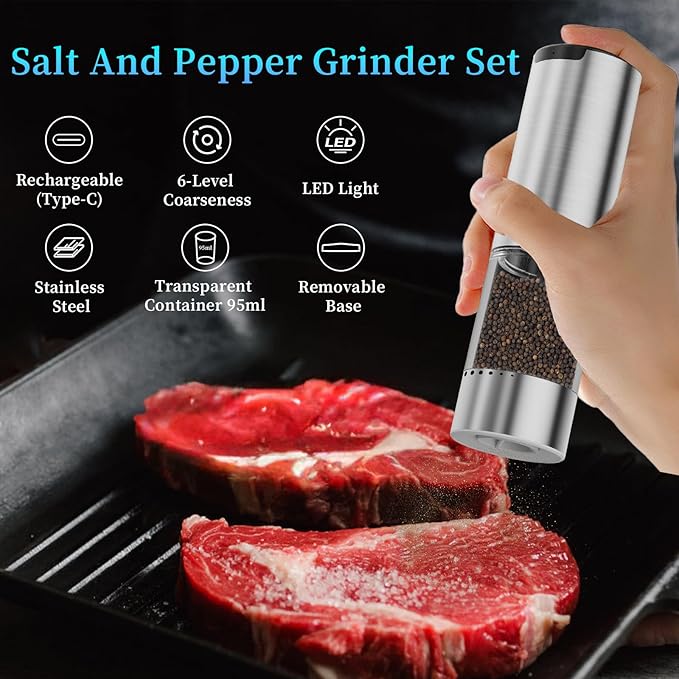 Electric Salt and Pepper Grinder Set Type-C Fast Charging, Automatic Salt and Pepper Shakers Adjustable Coarseness, Stainless Steel Rechargeable Salt and Pepper Grinder with LED Light - Image 3