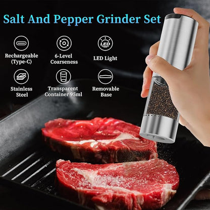 Electric Salt and Pepper Grinder Set Type-C Fast Charging, Automatic Salt and Pepper Shakers Adjustable Coarseness, Stainless Steel Rechargeable Salt and Pepper Grinder with LED Light - Image 3