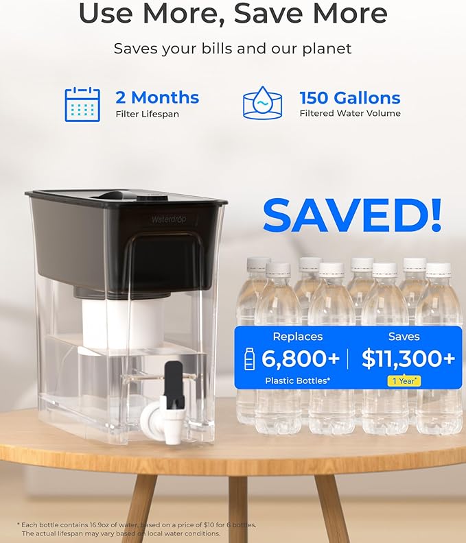 Waterdrop Fluoride-Reducing Water Filter Dispenser, 35-Cup, 150-Gallon Long-Life, Large Capacity, Reduces Chlorine, PFOA/PFOS and More, BPA Free, Black (with 1 Filter) - Image 6