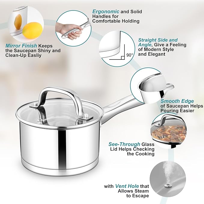TeamFar 1 qt Saucepan, Stainless Steel Small Sauce Pan & Lid with Tri-ply Bottom for Cooking/Boiling/Stewing, For Induction/Gas/Electric, Non-Toxic & Heavy Duty, Straight Side & Dishwasher Safe - Image 3