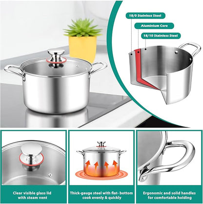 E-far 4 Quart Stock Pot, Tri-Ply Stainless Steel Cooking Pot with Glass Lid and Riveted Handles, Metal Pasta Soup Pot for Induction Ceramic Electric Gas Stoves, Heavy Duty & Dishwasher Safe