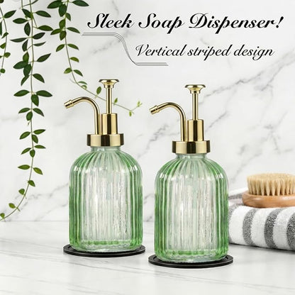 SheeChung Green Glass Soap Dispenser, 12 Oz Liquid Hand Soap Dispenser with Pump, Refillable Lotion Dish Soap Dispenser for Kitchen, Stripes Shampoo Bottle, Bathroom Countertop (Gold Pump, 1 Pack)