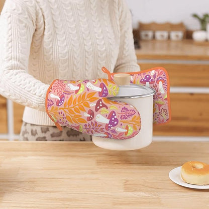 Mushroom Silicone Oven Mitts Pan Mats Set of 2, Heat Resistant Gloves Potholder with Non-Slip Grips Hanging Loops Pot Holder, Spring Summer for Chef Cooking, Baking, Grilling, BBQ