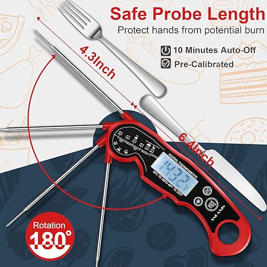 Meat Thermometer Digital for Grilling and Cooking - ANDAXIN Waterproof Ultra-Fast Instant Read Food thermometers with Backlight & Calibration for Kitchen, Deep Fry, BBQ, Grill(Red/Black), LCD - Image 5