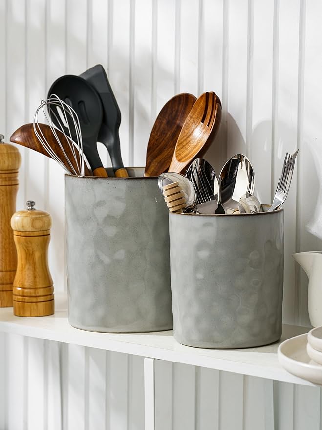 famiware Ocean Utensil Holder, 7.2"+5.8" Ceramic Kitchen Utensil Holder for Countertop, 2 Pieces Cooking Utensil Crocks, Utensil Organizer for Spatula & Spoon, Kitchen Decor, Set of 2, Gray - Image 2