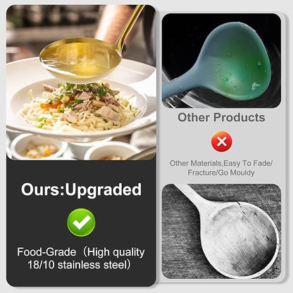 Gold Soup Ladle and Spaghetti Spoon Set - 18/10 Stainless Steel Soup Spoon，Pasta Strainer, 13.8" Kitchen Utensils for Cooking，Stirring, Serving Pasta, Soup & Sauce, Christmas Gifts - Image 4