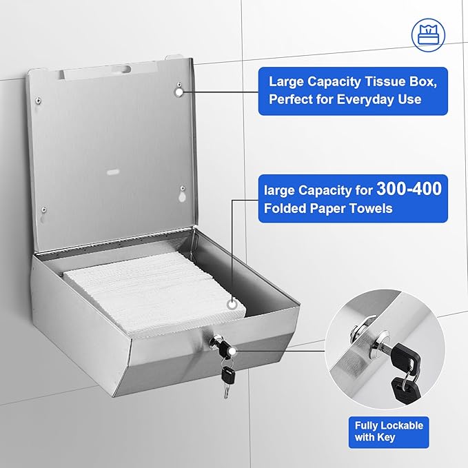 Commercial Paper Towel Dispenser Wall Mount, Stainless Steel C-Fold Multifold Trifold Holder with Lock, Large Capacity Hand Towel Tissue Dispenser for Bathroom Kitchen Restaurant Office