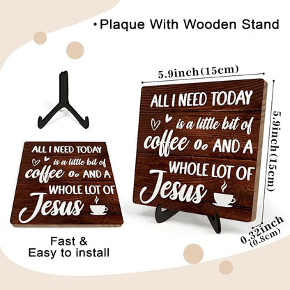 Coffee Bar Plaque, Vintage Desk Decor for Home or Office,Cafe Bar Sign - All I Need Today is a Little Bit of Coffee and A Whole Lot of Jesus,Christian Kitchen Accessories 5.9x5.9IN(Brown) - Image 2