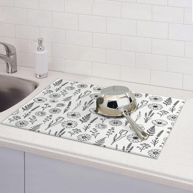 Black and White Floral Aesthetics Dish Drying Mat, for Kitchen Counter Microfiber Absorbent, Dish Draining Mat Extra Large 18"x24" - Image 4