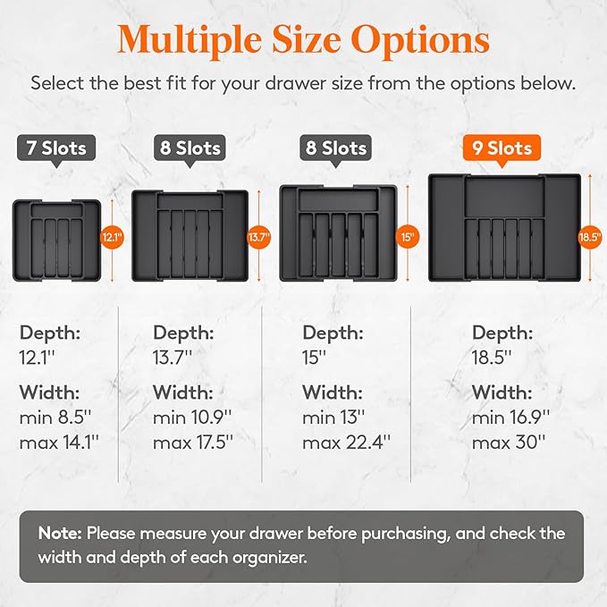 Lifewit Silverware Drawer Organizer, Expandable Utensil Tray for Kitchen, BPA Free Flatware and Cutlery Holder, Adjustable Plastic Storage for Spoons Forks Knives, 17- 30 x 18.5", Black - Image 2