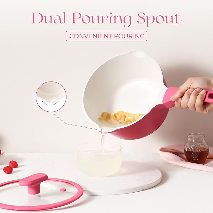 PRICUSIS Nonstick Saucepan with Lid, 2.7 Quart Non Toxic Pot with Pour Spouts, Full Coated, 100% Dishwasher Safe, Induction Compatible & Oven Safe, PTFE, PFOA & PFAS Free, Raspberry Red - Image 5