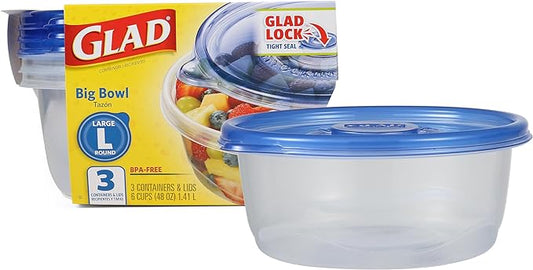 Glad GladWare Big Bowl Food Storage Containers with Lids, Large Round No BPA Plastic Containers for Soups, Salads, and Meal Prep, Lock Tight Seal, Microwave Dishwasher Safe, 48 Oz, 3 Count by GladTrashFoodStorage