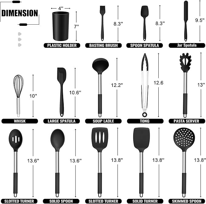 E-far 14 Pieces Silicone Cooking Utensils Set, Kitchen Utensils Set with Holder, Spatula, Ladle, Spoon, Tong, Slotted Turner for Nonstick Cookware, Heat Resistant & Stainless Steel Handle, Black - Image 2