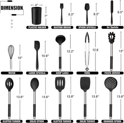 E-far 14 Pieces Silicone Cooking Utensils Set, Kitchen Utensils Set with Holder, Spatula, Ladle, Spoon, Tong, Slotted Turner for Nonstick Cookware, Heat Resistant & Stainless Steel Handle, Black - Image 2