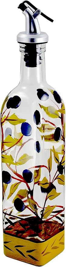 Grant Howard Athena Olives Hand Painted Glass Oil and Vinegar Cruet with Pourer, 16 oz