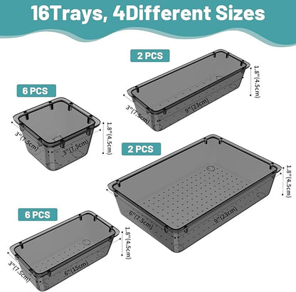 WOWBOX 16 PCS Clear Plastic Drawer Organizer Set, 4 Sizes Desk Drawer Organization and Storage Containers for Makeup, Cosmetics, Jewelry and Gadgets in Kitchen, Bathroom, Bedroom, Office, Clear Black - Image 2
