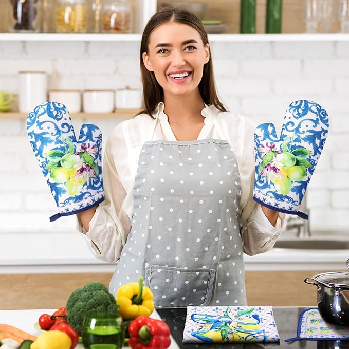 Bencailor 6 Pcs Lemon Kitchen Towels Oven Mitts and Pot Holders Set Decorative Dish Towels Tea Washcloth Non Slip Heat Resistant Oven Gloves for Summer Home Cooking Baking, Blue, Gold - Image 2