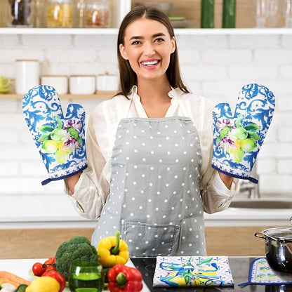 Bencailor 6 Pcs Lemon Kitchen Towels Oven Mitts and Pot Holders Set Decorative Dish Towels Tea Washcloth Non Slip Heat Resistant Oven Gloves for Summer Home Cooking Baking, Blue, Gold - Image 2