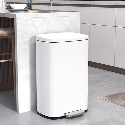 50 Liter Kitchen Trash Can with Lid, Stainless Steel 13 Gallon Trash Can with Foot Pedal and Plastic Inner Bucket, Fingerprint-Resistant Soft Close Lid Garbage Can, Odor Proof and Hygienic, White by WelcometoBIQWBIC