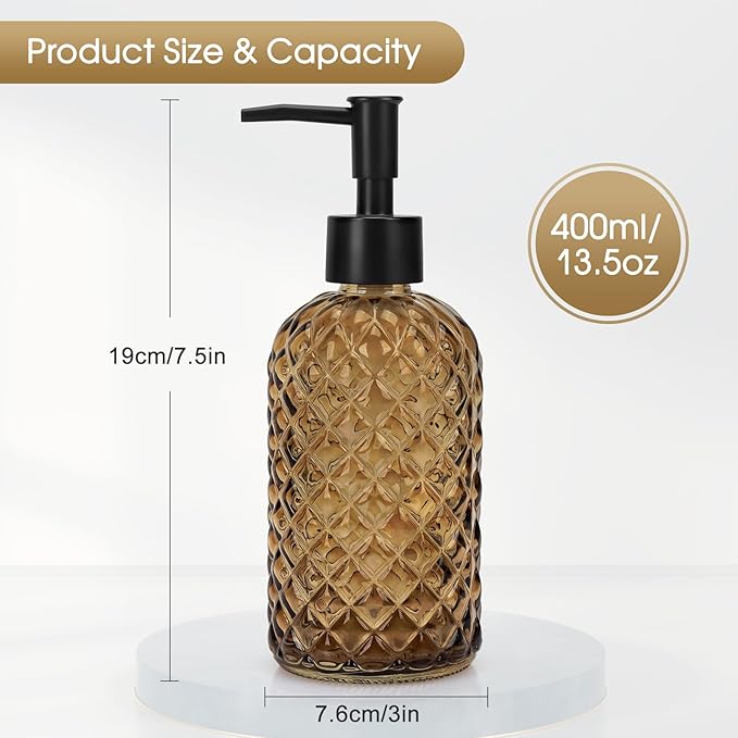 Topsky Gem Glass Soap Dispenser with Black Plastic Pump, 13oz Liquid Hand Soap Dispenser, Rustproof Pump for Kitchen & Bathroom, Great for Lotions, Essential Oil, Liquid Soaps-Amber - Image 4