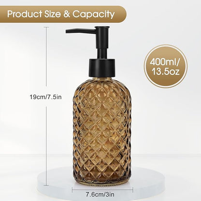 Topsky Gem Glass Soap Dispenser with Black Plastic Pump, 13oz Liquid Hand Soap Dispenser, Rustproof Pump for Kitchen & Bathroom, Great for Lotions, Essential Oil, Liquid Soaps-Amber - Image 4