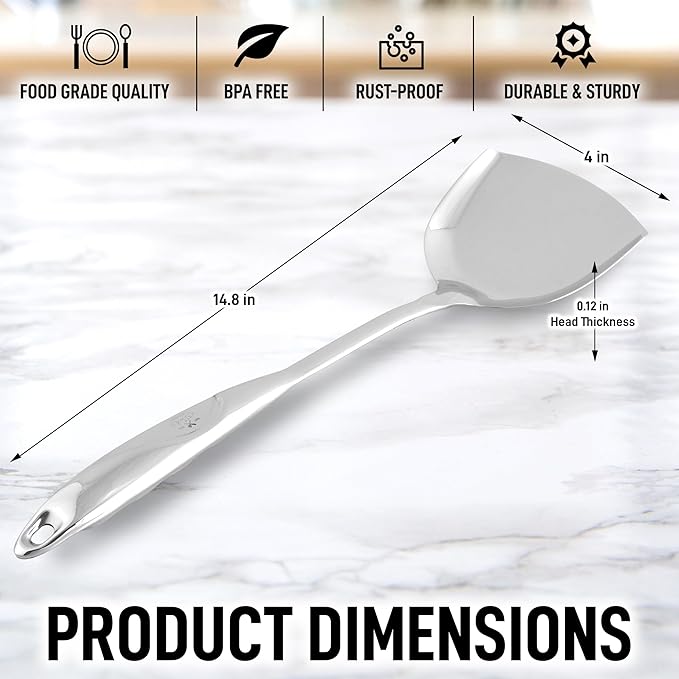 Zulay Kitchen Stainless Steel Wok Spatula - 14.8” Heat-Resistant Metal Turner for Stir-Fry, Sauté & Grilling - Durable, Rust-Proof & Dishwasher Safe Kitchen Utensil for Everyday Use - Image 4