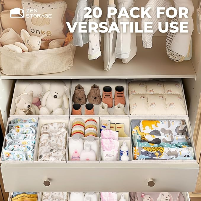 Cotton Linen Drawer Organizers for Baby Clothes, 20Pack Multi-Size Nursery Dresser Dividers for Clothes, Premium Foldable Storage Bins for Bedroom, Closet and Diaper Table, Beige - Image 5