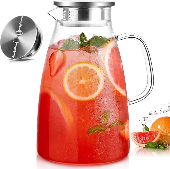 Glass Pitcher with Lid, 1 Gallon 128oz Water Pitcher with Handle and Spout for Fridge, Borosilicate Glass for Iced Tea, Juice, Sangria, Cold/Hot Beverage, Large Jug with Extra Wide Mouth by Potdoctor