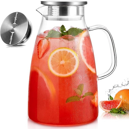 Glass Pitcher with Lid, 1 Gallon 128oz Water Pitcher with Handle and Spout for Fridge, Borosilicate Glass for Iced Tea, Juice, Sangria, Cold/Hot Beverage, Large Jug with Extra Wide Mouth by Potdoctor