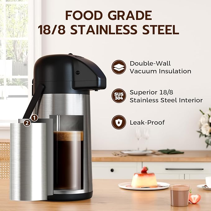 Coffee Carafe for Keeping Hot - Gezoss 85OZ / 2.5L Airpot Coffee Dispenser with Pump - Large Coffee Carafe for Hot Drinks Tea Liquid - Insulated Stainless Steel Hot Water Beverage Urn for Parties - Image 2