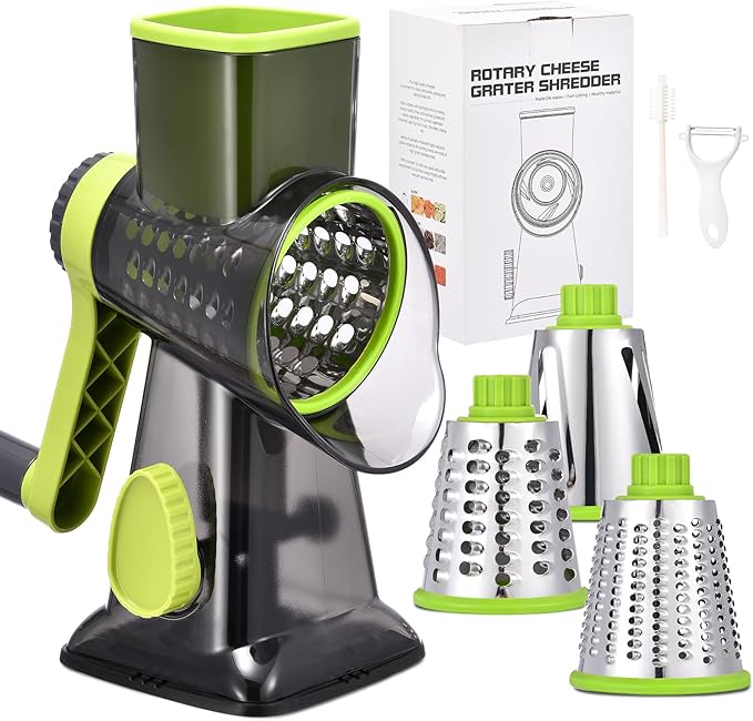 Rotary Cheese Grater with Handle Kitchen Shredder Slicer Grater Slicer Ice Shaver Cheese Vegetable Nuts Potato Zucchini Chocolate 3 Interchangeable Blades (Green TSP) by Ziweaye
