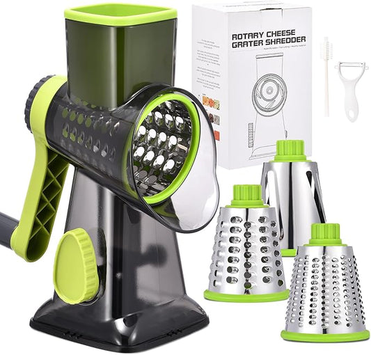 Rotary Cheese Grater with Handle Kitchen Shredder Slicer Grater Slicer Ice Shaver Cheese Vegetable Nuts Potato Zucchini Chocolate 3 Interchangeable Blades (Green TSP) by Ziweaye