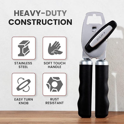 Zulay Kitchen Heavy Duty Stainless Steel Can Opener Manual with Bottle Opener - Rust Proof Manual Can Opener With Turn Knob & Comfy Soft Grip Handles - Black - Image 7