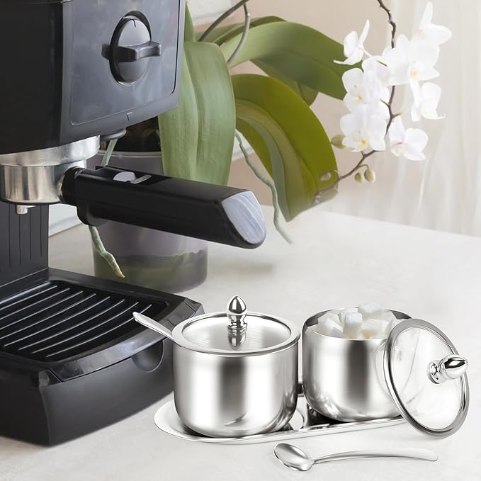 holoith 2 Pack Coffee and Sugar Dispenser with Tray - 10 oz Sugar Bowl with Glass Lid and Spoon for Coffee Bar Accessories Kitchen Storage for Salt,Coffees Bean,Brown Sugar Cubes (Silver) - Image 2
