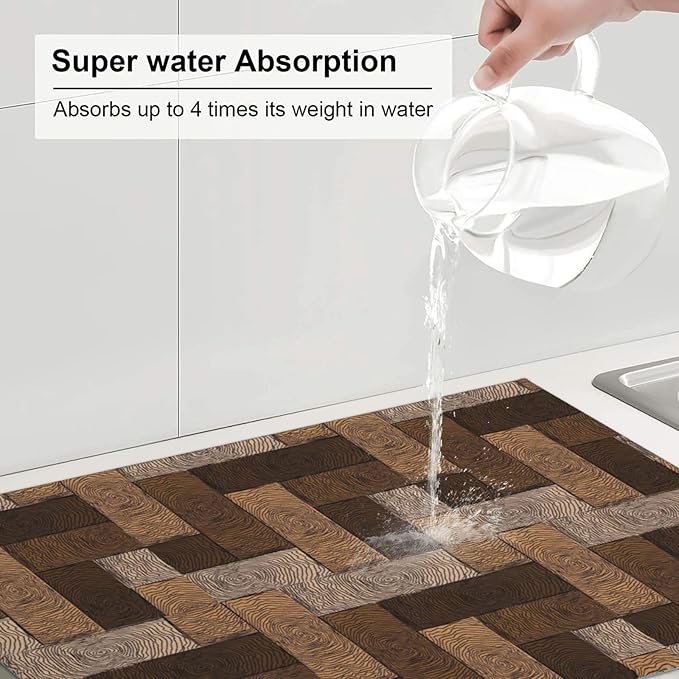Brown Beige Dish Drying Mat Parquet Pattern Wooden Style Drying Rack Pad Countertop Dishes Ultra Absorbent Microfiber Kitchen Counter Mat 18x24 Inch