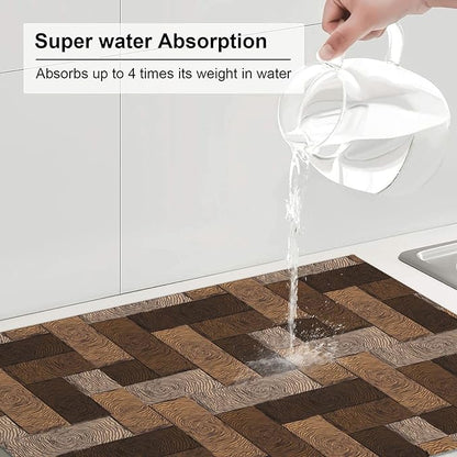 Brown Beige Dish Drying Mat Parquet Pattern Wooden Style Drying Rack Pad Countertop Dishes Ultra Absorbent Microfiber Kitchen Counter Mat 18x24 Inch