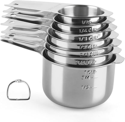 Stainless Steel Measuring Cups Set of 7, Stackable Measure Cups Kitchen Gadgets for Cooking Baking Supplies Tools, Nesting Metal Cup Spoons Easy to Read Markings for Dry & Liquid Measurements Baker by BIDFUL