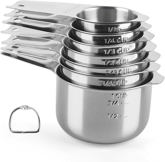 Stainless Steel Measuring Cups Set of 7, Stackable Measure Cups Kitchen Gadgets for Cooking Baking Supplies Tools, Nesting Metal Cup Spoons Easy to Read Markings for Dry & Liquid Measurements Baker by BIDFUL
