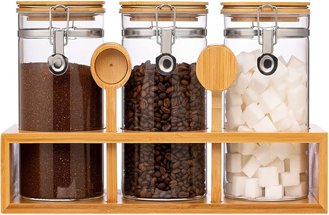 Yangbaga Glass Coffee Sugar Containers with Shelf, 3 x 45 OZ Coffee Bean Storage Station Organizer with Airtight Locking Clamp and Coffee Bamboo Scoop, Large Capacity Food Storage Jar for Kitchen by Hanber