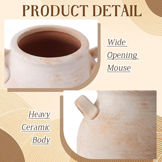 Havawish Rustic Kitchen Utensil Holder for Countertop - Farmhouse Ceramic Utensil Crock with Handle for Spatulas Vintage Kitchen Utensils Holder Cooking Organizer, Fit Ladle, Eggbeater (Rustic Beige)