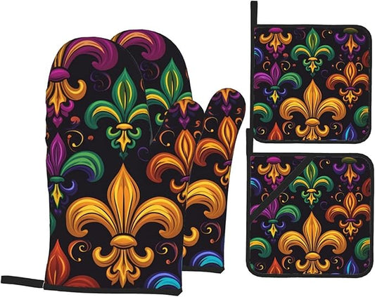 Colorful Fleur De Lis Oven Mitts and Pot Holders Sets Mardi Gras Kitchen Oven Gloves Heat Resistant 500 Degrees Oven Mitt and Hot Pad for Cooking BBQ Baking Grilling by UOYO