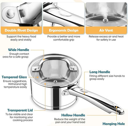 P&P CHEF 2 Quart Saucepan with Lid Set, Stainless Steel Small Cooking Pot Induction Sauce Pan for Pasta Soup, Ergonomic Handle & Tri-ply Base, Dishwasher Safe, 1 Pan - Image 3