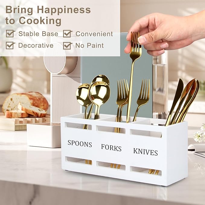 Wooden Silverware Cutlery Holder White Flatware Caddy Small Kitchen Utensil Holders for Party Wood Silverware Organizer Storage for Table Countertop Spoon and Fork Holder Utensils Caddy Basket - Image 3
