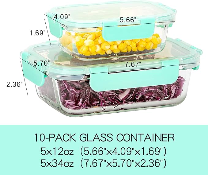C CREST [10-Pack] Glass Food Storage Containers with Lids, Airtight, BPA Free, Meal Prep Containers for Kitchen, Home Use - Image 2