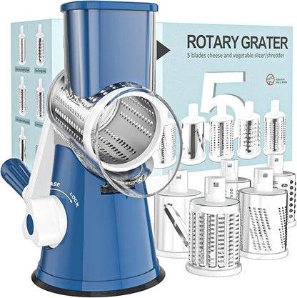 Cambom Rotary Cheese Grater Hand Crank Cheese Shredder for Fresh Cheese, Vegetable, Nuts, Non-slip Suction Base,Five Blades, Deep Blue by Cambom