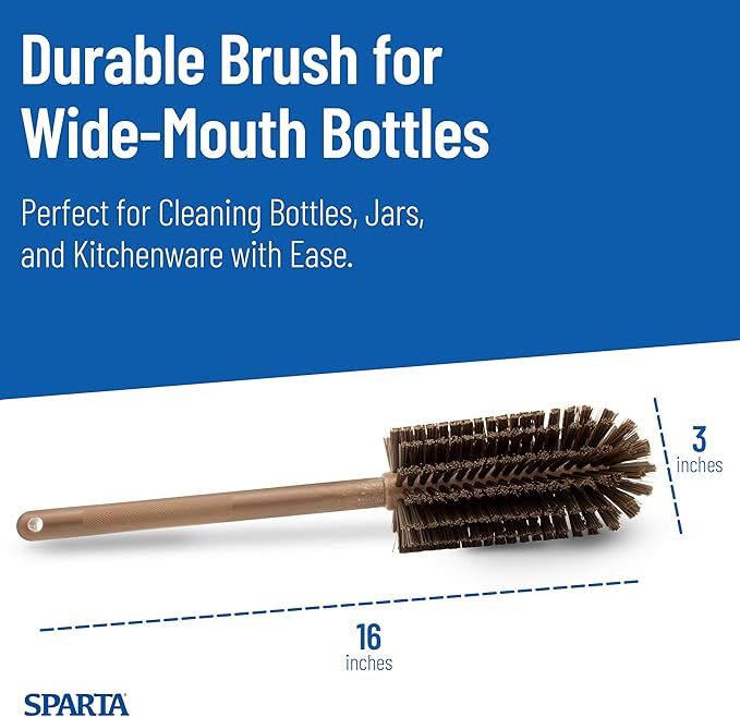 SPARTA Large Water Bottle Brush Ideal for Wide-Mouth Jars, Bottles and Tumblers, Dishwashing Tool with Handle for Home and Commercial Kitchens, Plastic, 16 Inches, Brown (Pack of 4)