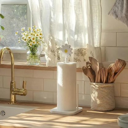 Leinuosen White Daisy Paper Towel Holder Coquettish Cute Wooden Daisy Kitchen Paper Towel Holder Bathroom Countertop Accessories Kitchen Roll Stand Organizer Standing Apartment Decor Housewarming Gift