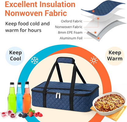 Insulated Casserole Carrier Portable Food Tote for Hot or Cold – Fits 9"x13" Baking Dish, Lasagna Holder for Parties, Picnic, Travel, Beach - Navy Blue