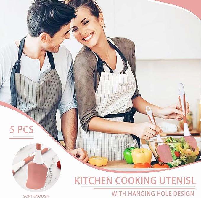 Silicone Spatula Set, 5 Pcs Heat Resistant, Soft & Strong, Nonstick Cookware, Dishwasher Safe (Pink) - Image 5